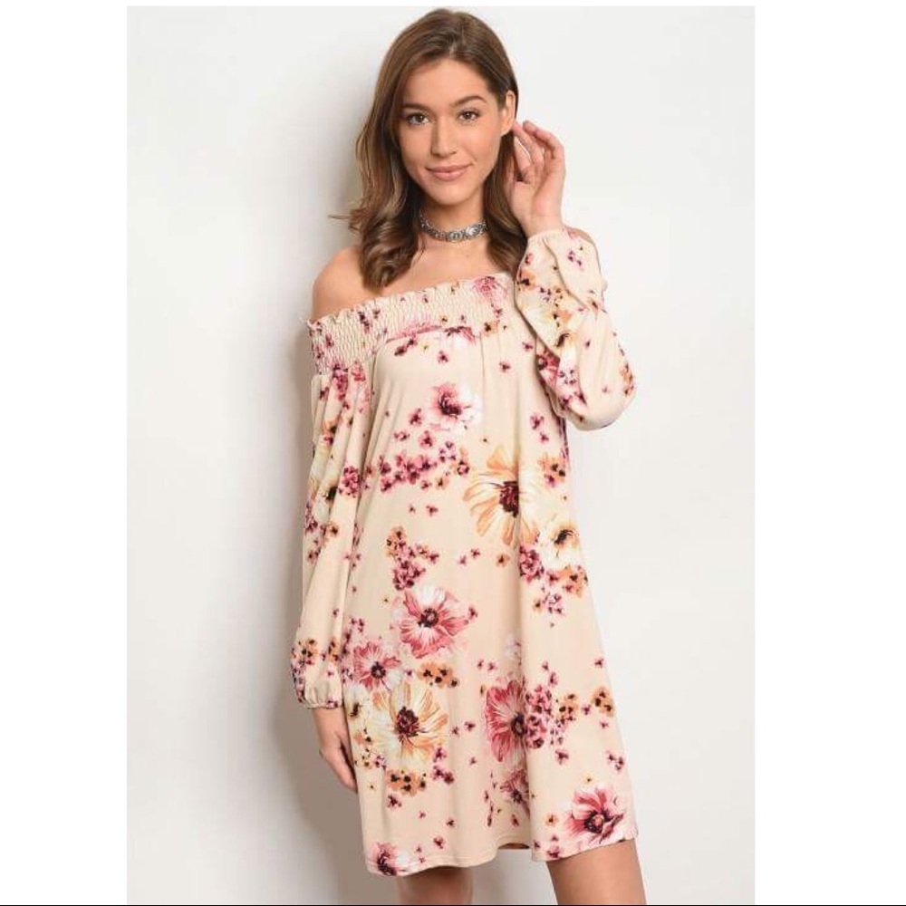 BOHO Soft Peach Floral Off the shoulder dress - Picture 2 of 3